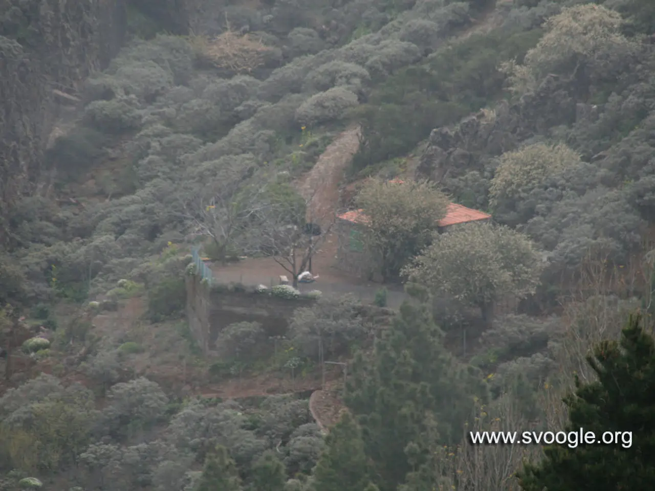 In this picture I can see there is a building on the mountain, there are trees around it and there...