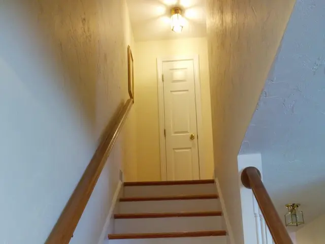 In the image there are stairs beside a wall and in front of the stairs there is a door and there is...