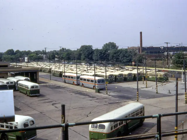 In this image there are many buses parked on the road. Image also consists of poles with wires,...