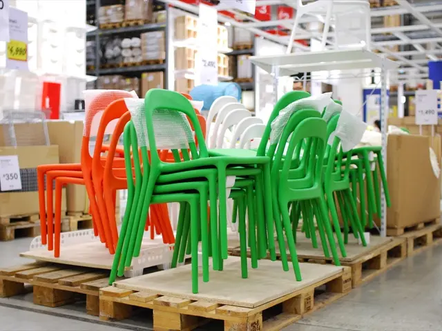 In the foreground of this image, there are chairs on the wooden objects. In the background, there...