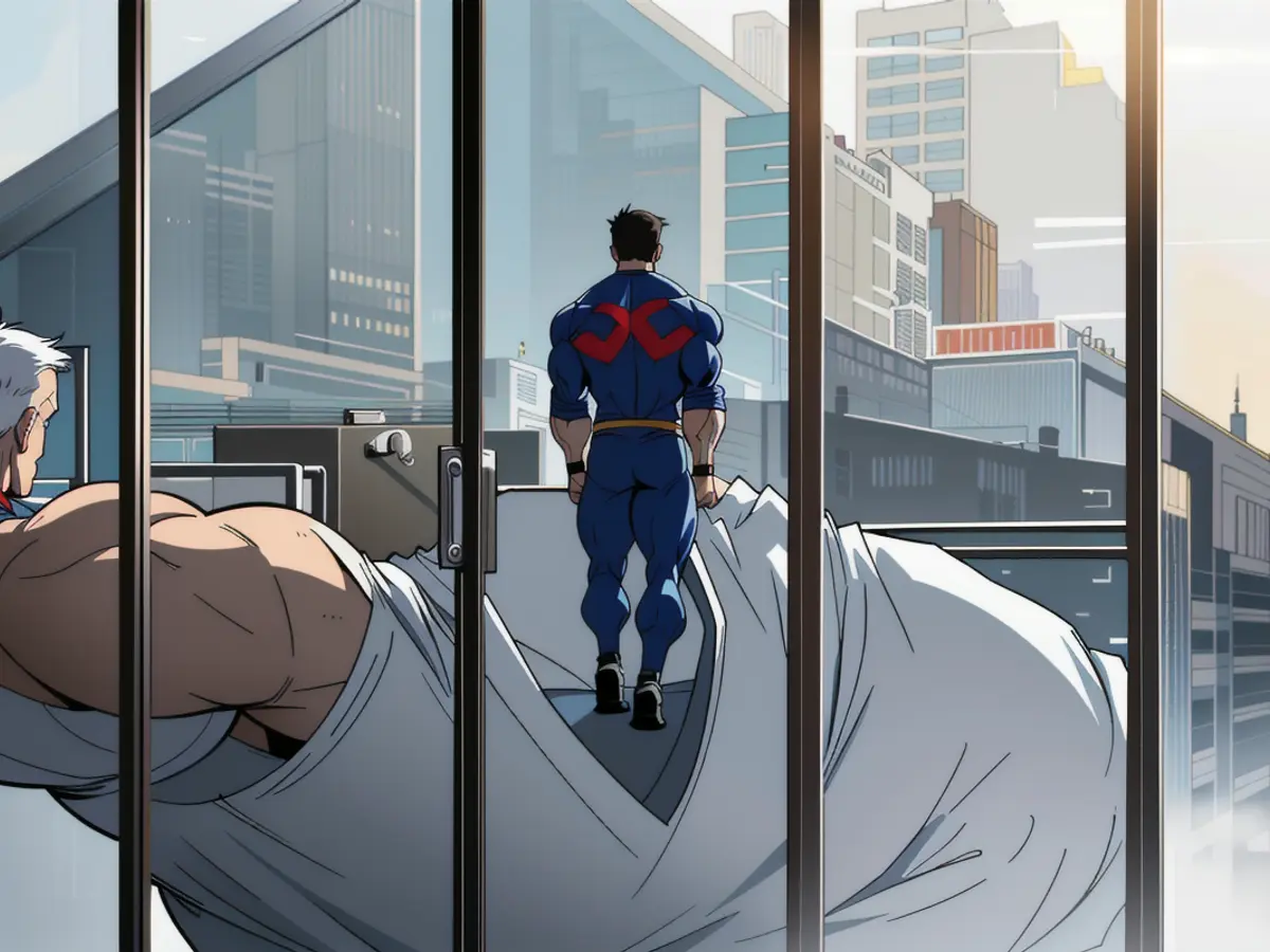 Male executive seated in expansive corner office, gazing out through window.