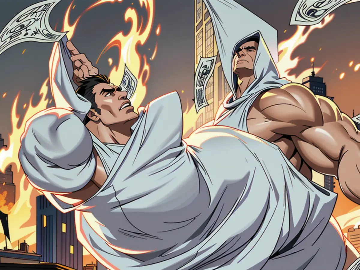 Burning one-dollar banknotes descending from the sky.