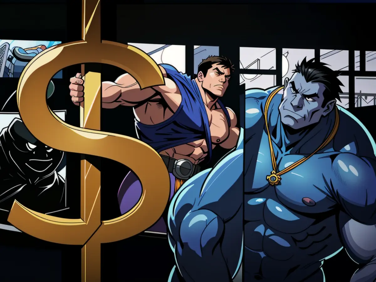 Person in a red hoodie and blue jeans, brandishing a knife, fleeing from a group of three men in suits, who seem to be in pursuit. Dollars and Euros on a Collision Course: By 2025, Trump's Protectionist Policies Predicted to Drive Dollar Equality with the European Common Currency